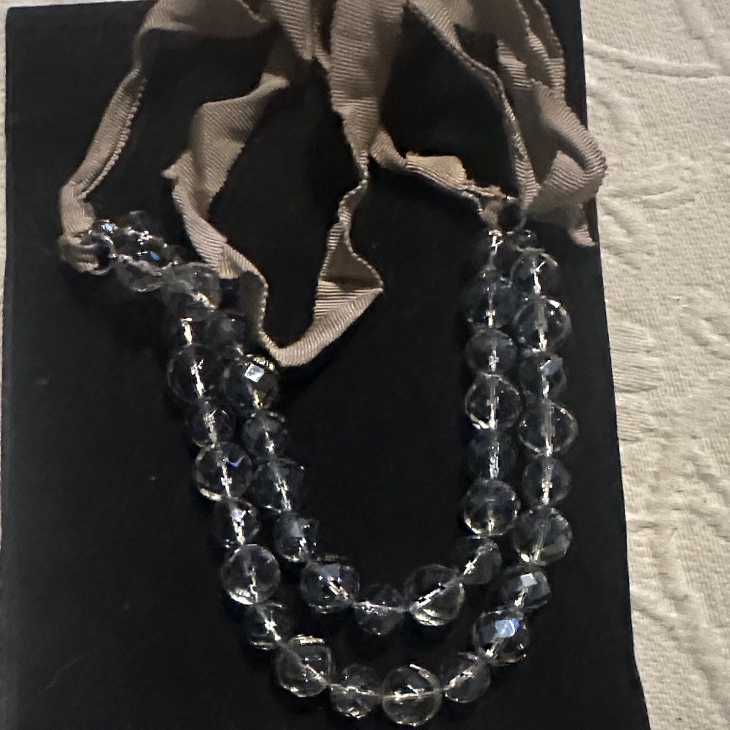 Chic Crystal Bead Necklace With Beige Ribbon